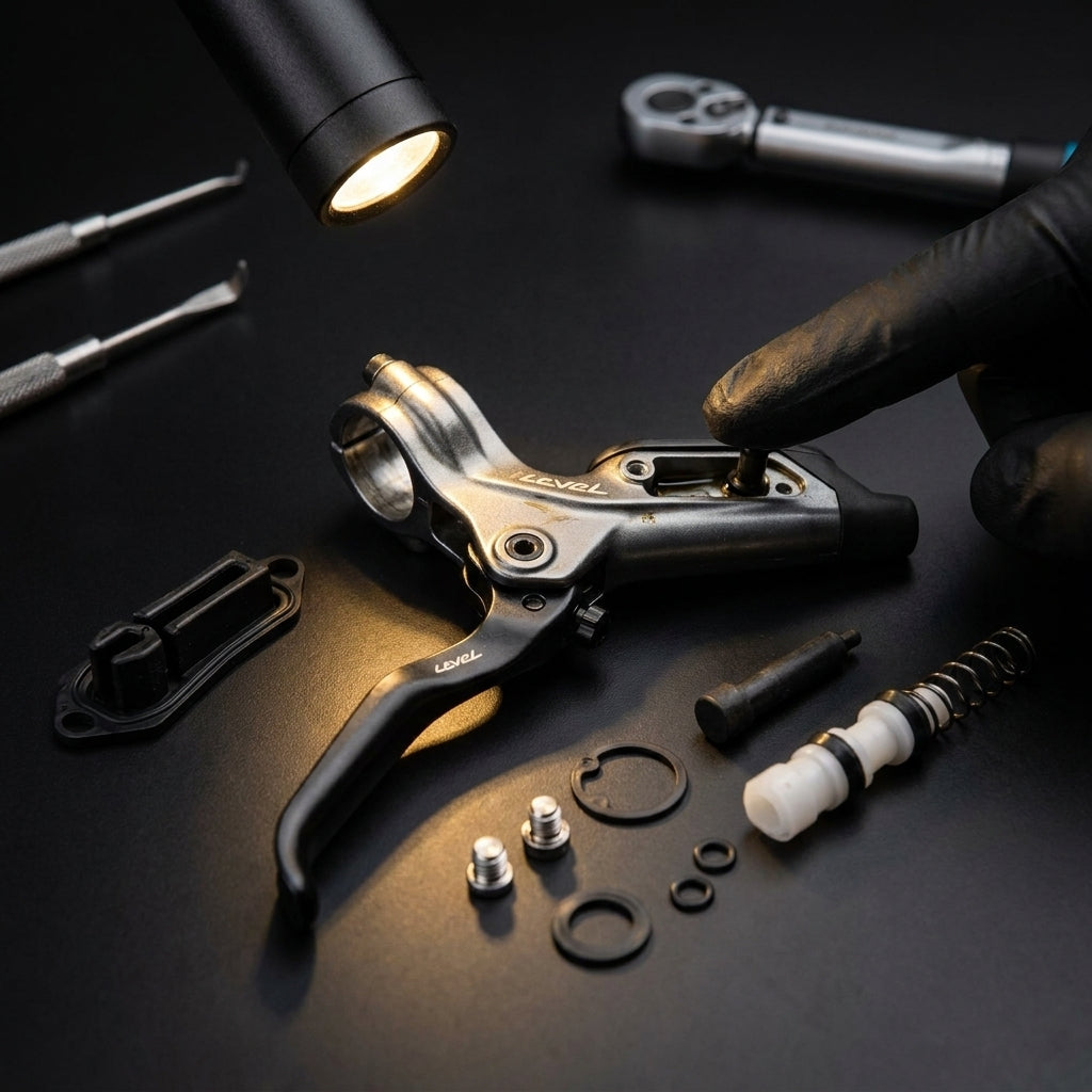 Zerlegter SRAM Level TL Bremshebel und Service Kit Teile zur Wartung auf dunklem Tisch, Hand montiert.