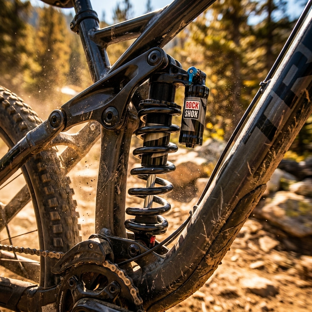 RockShox Feder für Hinterraddämpfer am Mountainbike-Fahrwerk, schlammig im Offroad-Einsatz auf Trail.