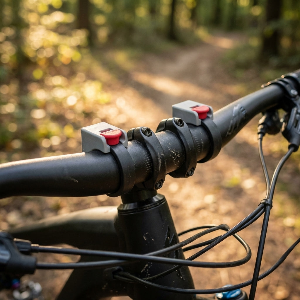KLICKfix Schellen für Lenkeradapter schwarz 35mm paarweise montiert an einem Fahrradlenker im Wald.