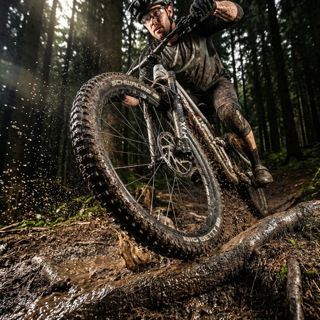 Schwalbe Reifen Big Betty 27.5x2.40" schwarz am Mountainbike, spritzt Schlamm im Wald.
