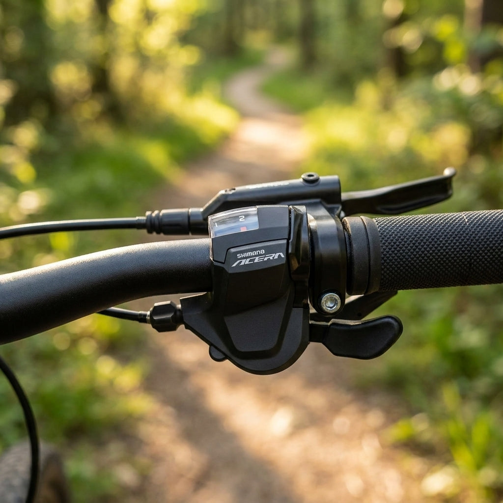 Shimano Acera SL-M3010 2-fach Schalthebel links, schwarz, am Fahrradlenker auf einem Waldweg.