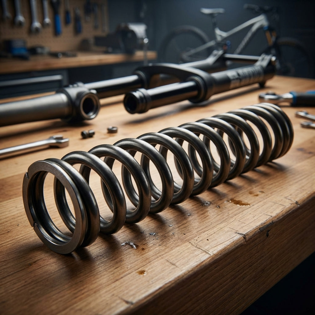SR-Suntour XCM34 Boost 120mm harte Spiralfeder auf Werkbank mit Fahrradgabelteilen.