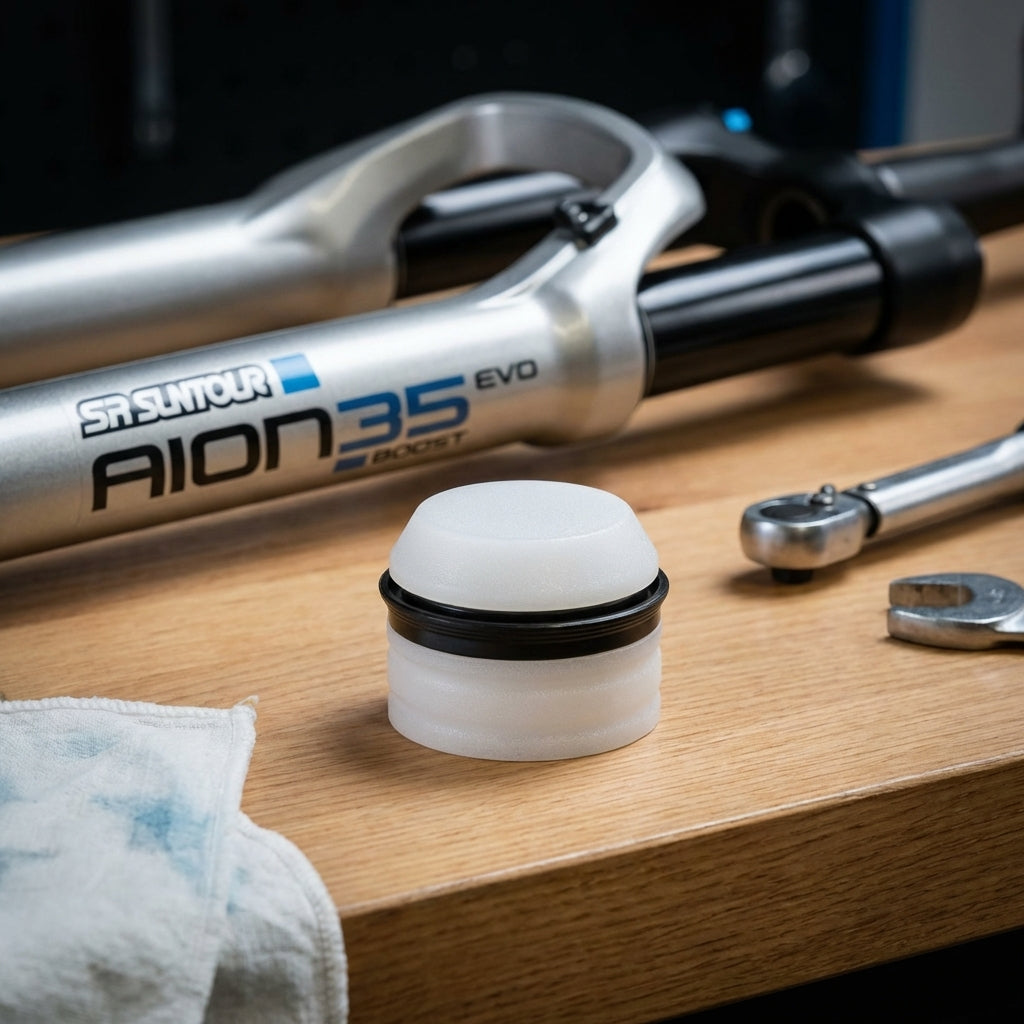 SR Suntour Abdeckkappe für SF20 AION35 EVO Boost Gabel auf Holztisch mit Werkzeug.