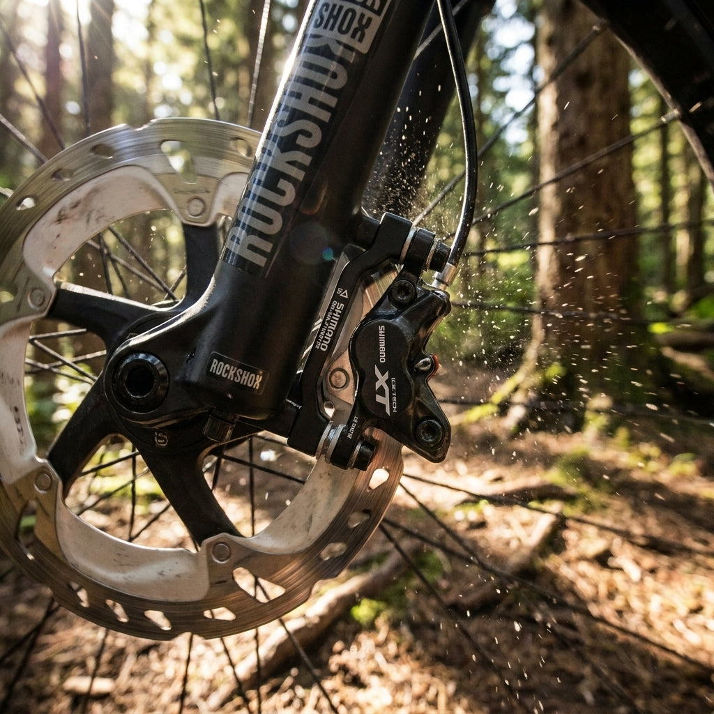 SHIMANO Scheibenbremsadapter PM/PM 180mm am Mountainbike Vorderrad mit Scheibenbremse und Spritzwasser.