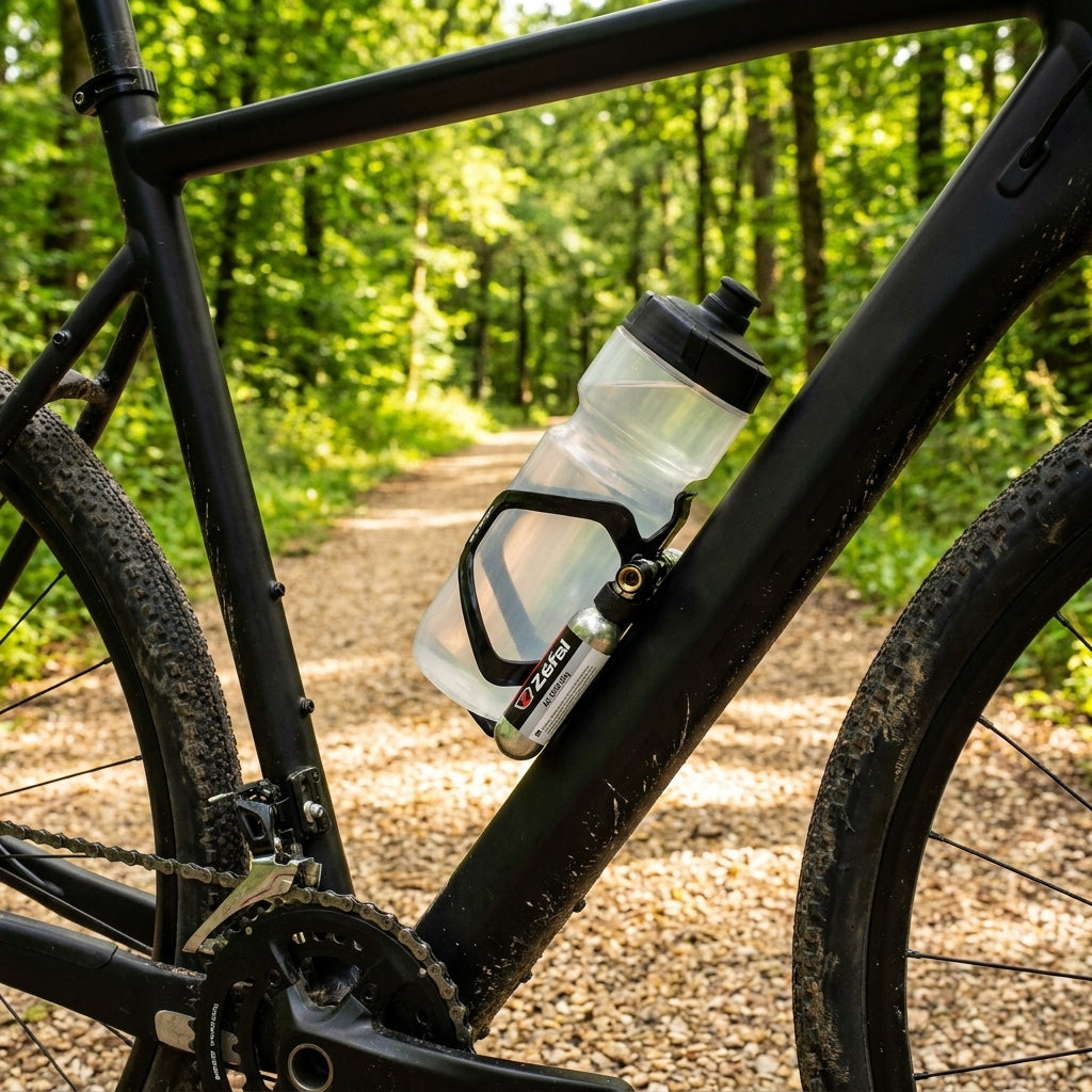 Schwarzer Zefal Pulse Z2i Trinkflaschenhalter am Gravel E-Bike mit Flasche und CO2-Pumpe für sichere Touren.