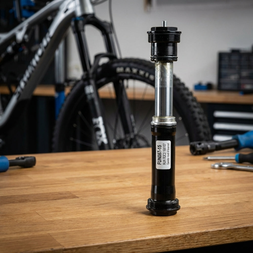 R2C2 Kartusche SR für SF16 RUX Federgabel auf Holztisch, Mountainbike-Vorderrad und Gabel im Hintergrund.