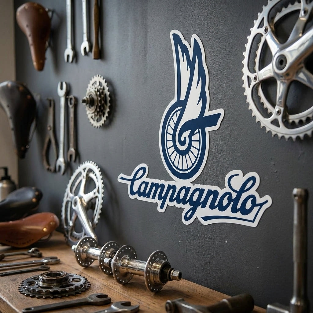 Campagnolo Shopwand Aufkleber dunkelblau weiß 96,5x21cm. Ideal für Fahrradladen, Werkstatt, Rennrad Deko.