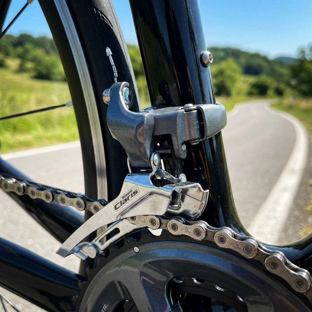 SHIMANO Umwerfer CLARIS FD-R2000 8-fach am Rennrad, Kette und Kurbelgarnitur sichtbar.