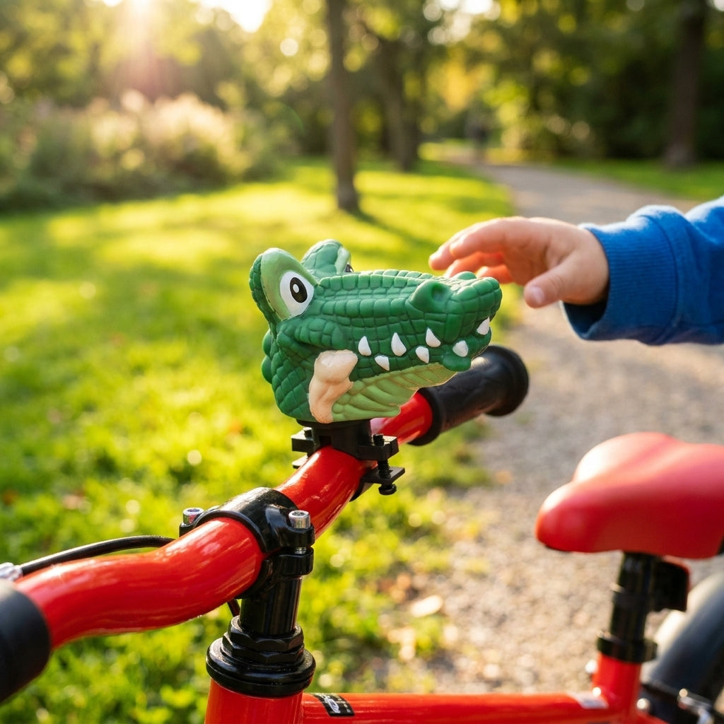 Grünes XLC Krokodil Kinderhorn als Fahrradklingel am roten Kinderrad, Kind berührt die Klingel im sonnigen Park.
