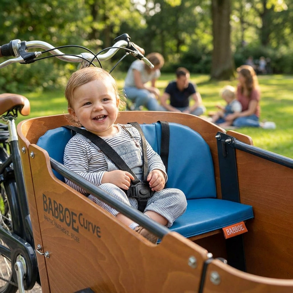Lachendes Kind in Babboe Curve Lastenrad mit blauem Kissenset Pretty Petrol.