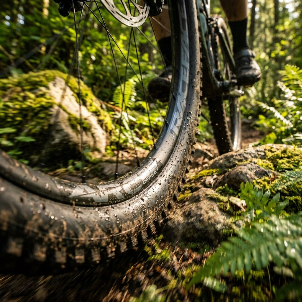 Race Face Arc Offset 29" Felge schwarz am Mountainbike auf schlammigem Trail, für stabile Trail-Performance.