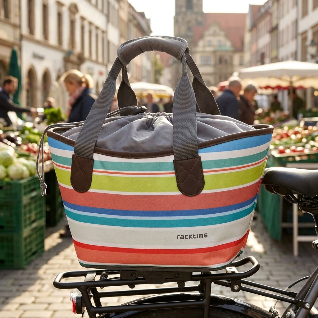 Racktime Fahrrad-Einkaufskorb Agnetha sweet candy gestreift am Heckträger auf belebtem Markt.