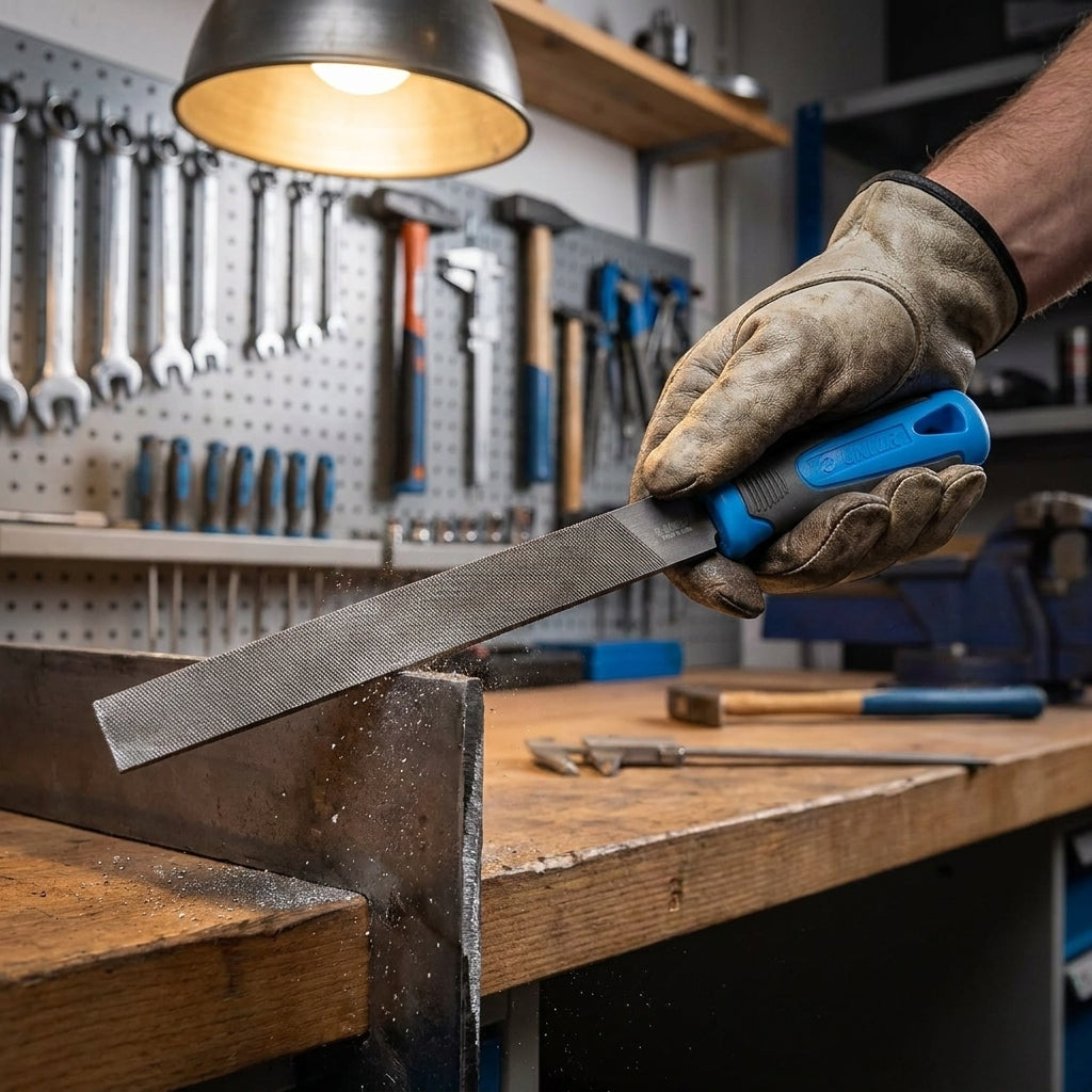 Unior Flachfeile halbfein mit blauem Griff bearbeitet Metall in Werkstatt, Späne fliegen.