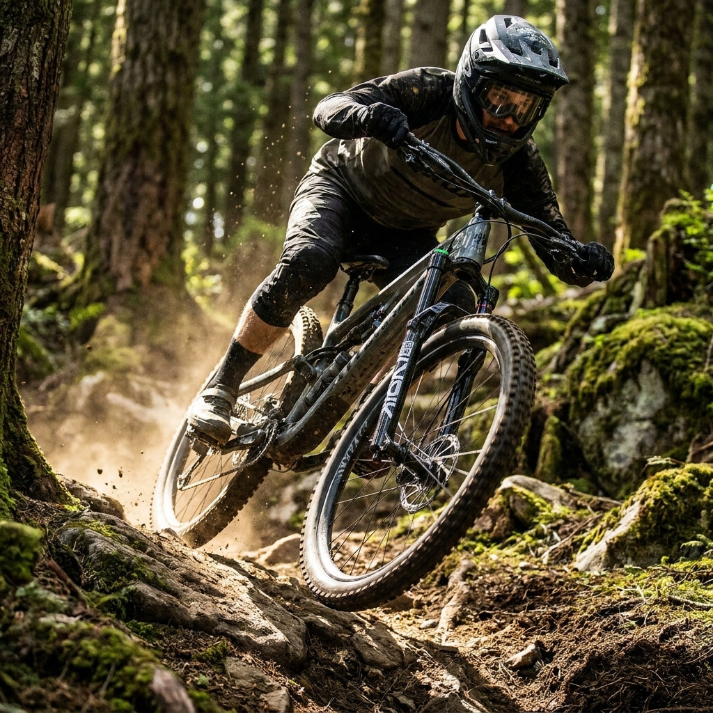 Mountainbiker mit RockShox Lyrik Ultimate Flight Attendant Federgabel in Aktion auf anspruchsvollem Trail.