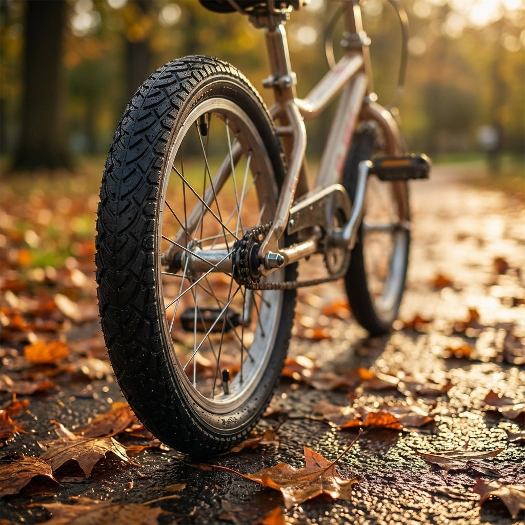 Mitas Reifen Walrus V 41 18x1.75" schwarz Draht am Fahrrad im Herbstlaub.