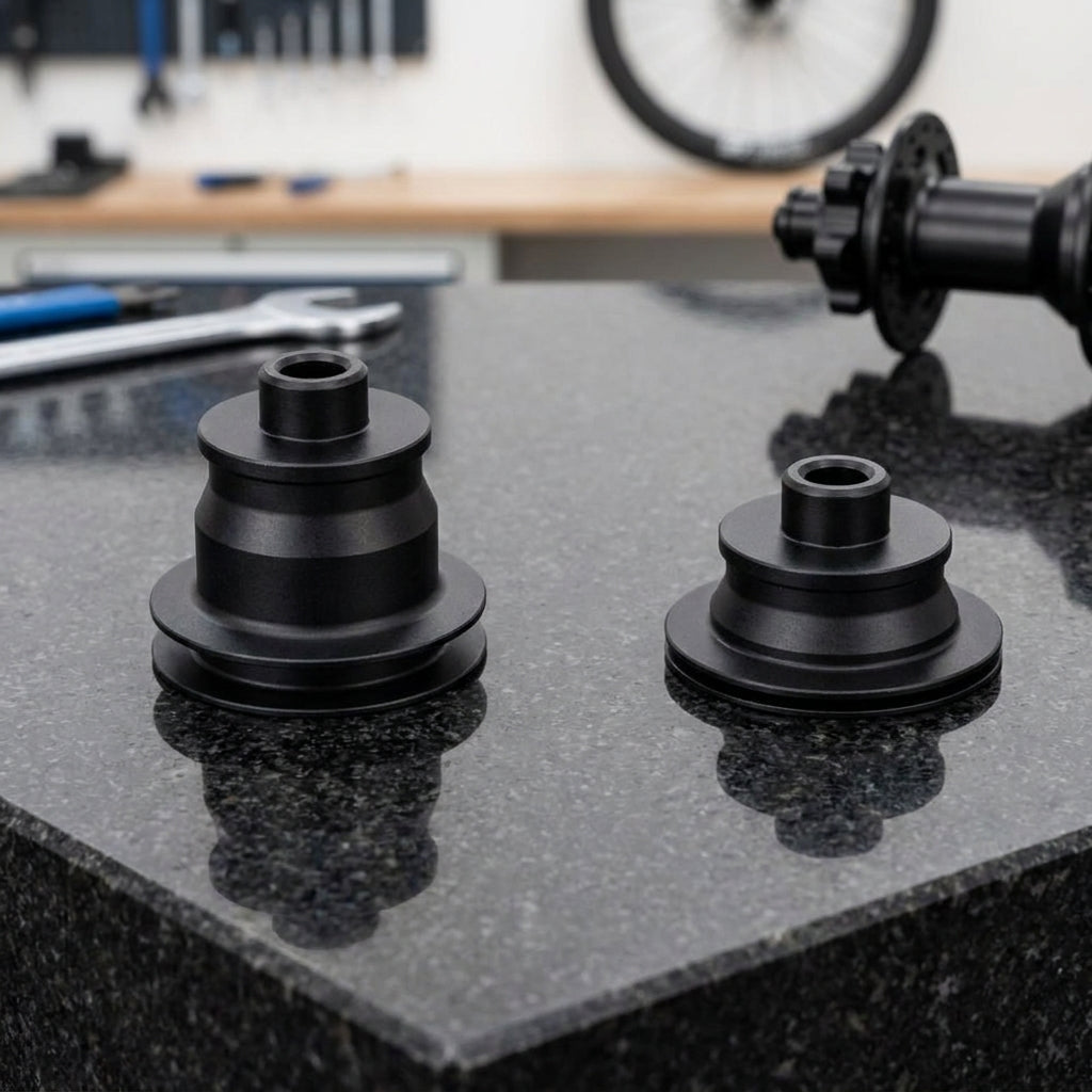 DT Swiss Umrüstkit Achse 15 mm, moderne Ausführung zur Naben-Umrüstung, auf Granit in Werkstatt.