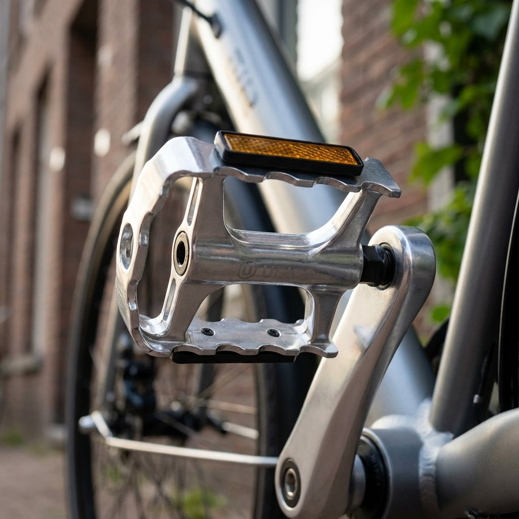 Nahaufnahme silberner Union SP-2160 Aluminium-Fahrradpedale mit Reflektoren und breiter Plattform.