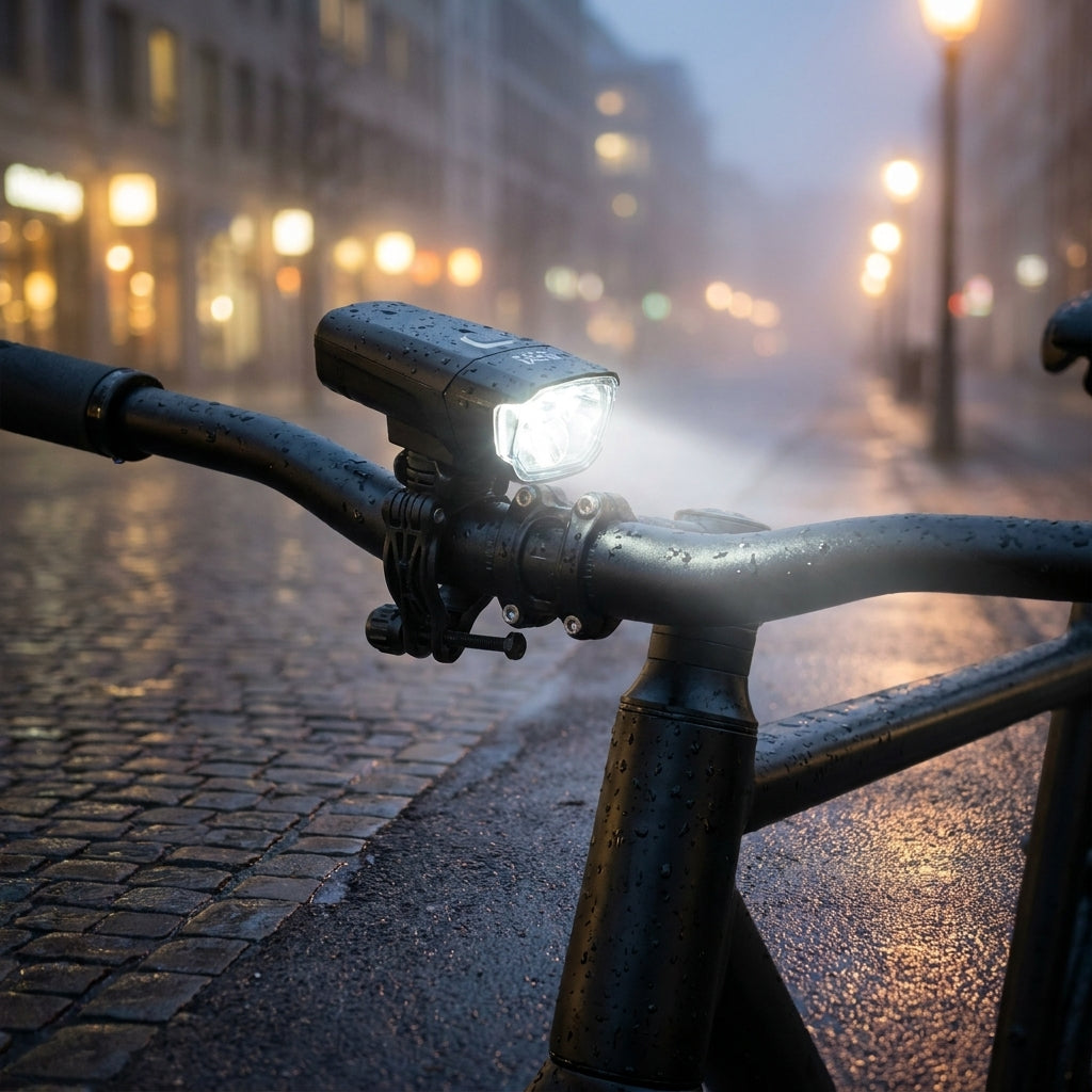 Busch + Müller Bumm Lampenhalter Adapter für IXON Space/Rock am Fahrradlenker, regnerische Stadtnacht.