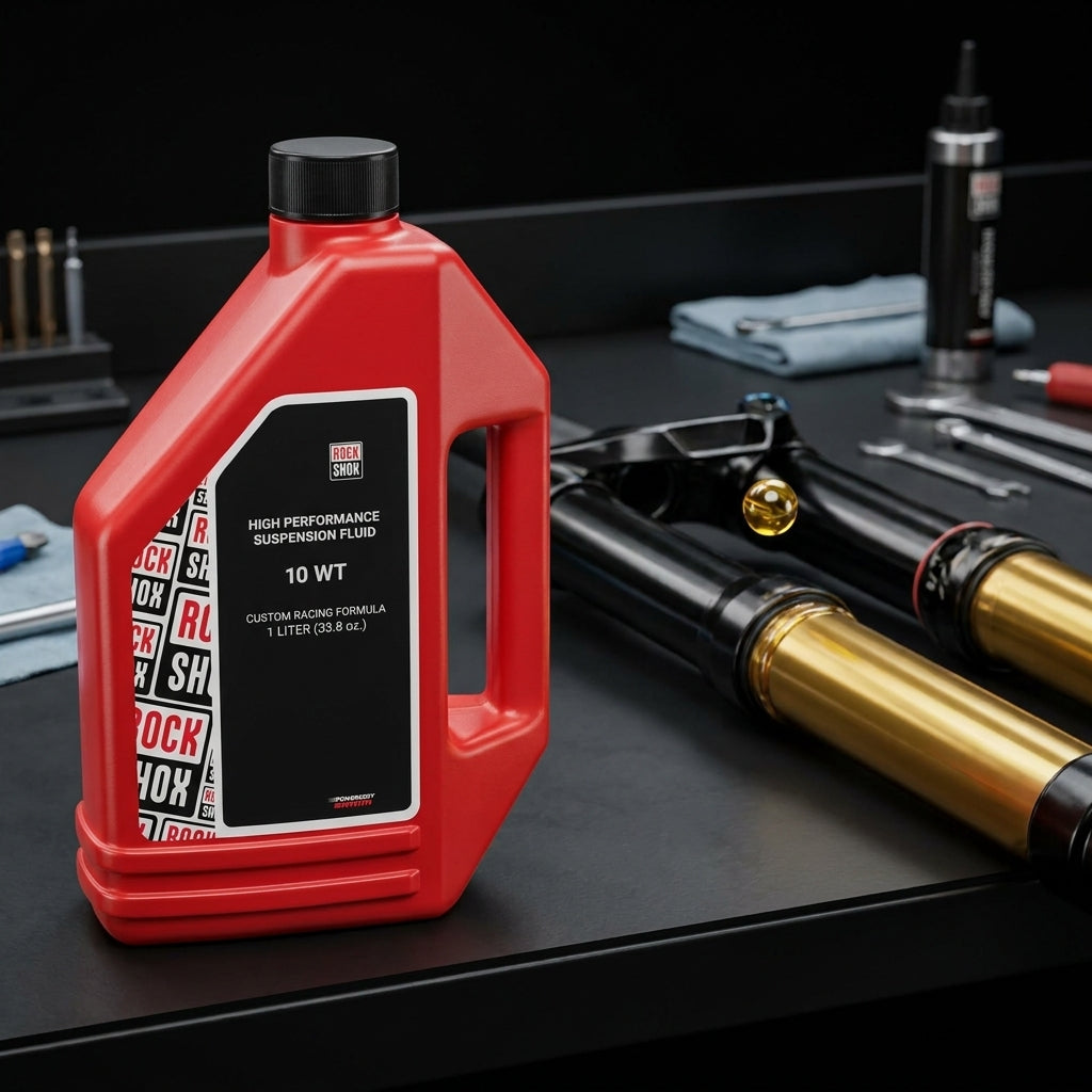 RockShox Suspension Oil 10 WT 1 Liter (11.4015.354.020) auf Werkbank mit Federgabeln und Werkzeug.