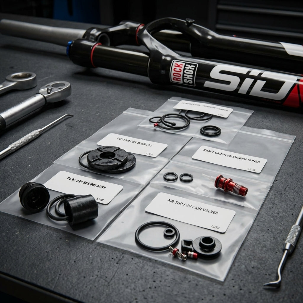 RockShox Service Kit SID 08-15 11.4015.300.000 Ersatzteile, Dichtungen und Werkzeug zur Gabelwartung auf Werkbank.