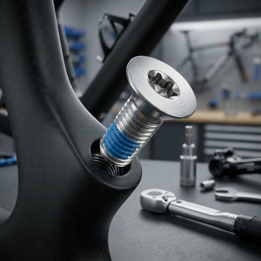 SRAM Flat Mount Schraube für Bremssattel, Edelstahl/Titan, mit blauem Sicherungsmittel im Fahrradrahmen.
