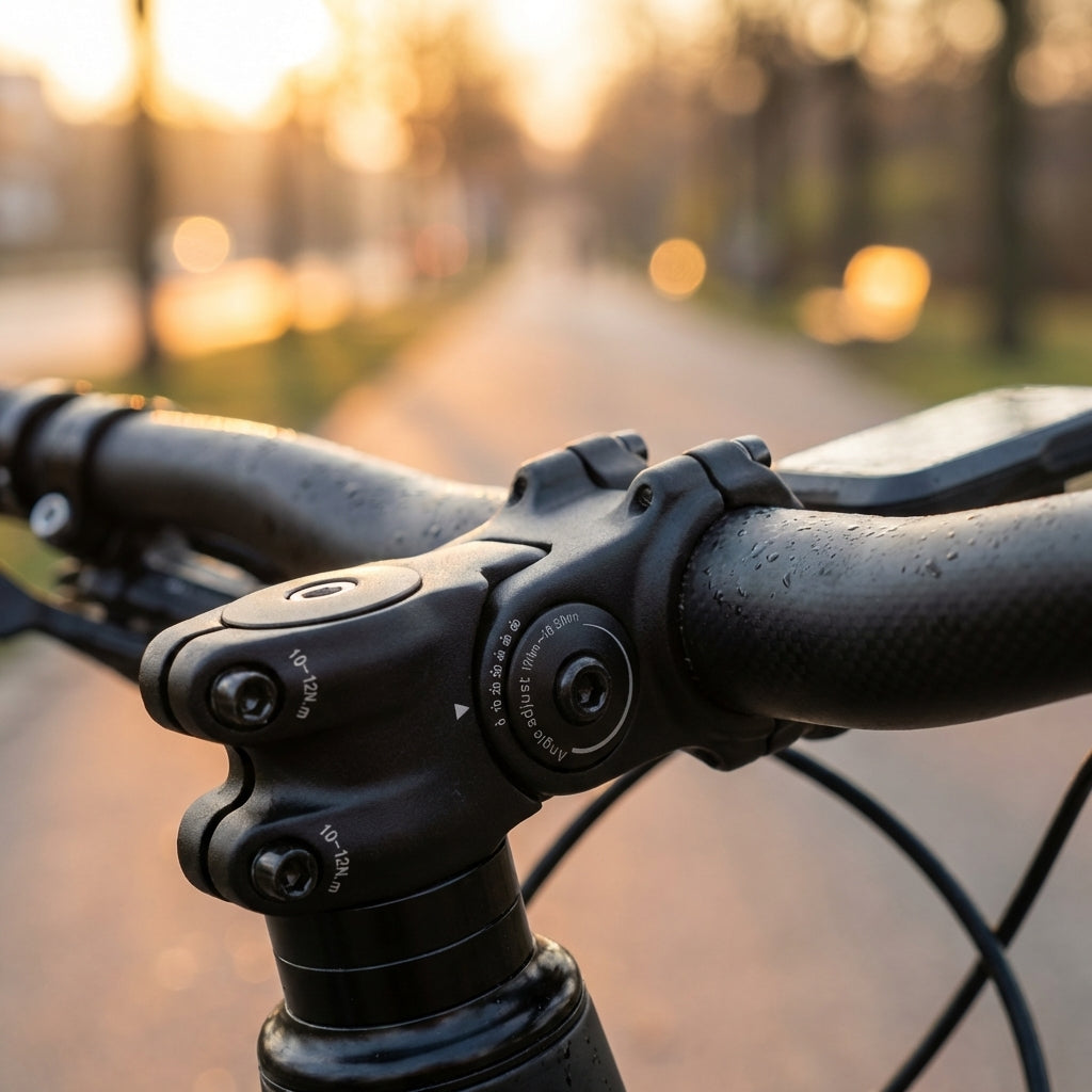 Ergotec Octopus 2 Ahead-Vorbau schwarz sandgestrahlt, winkelverstellbar am Fahrradlenker montiert.