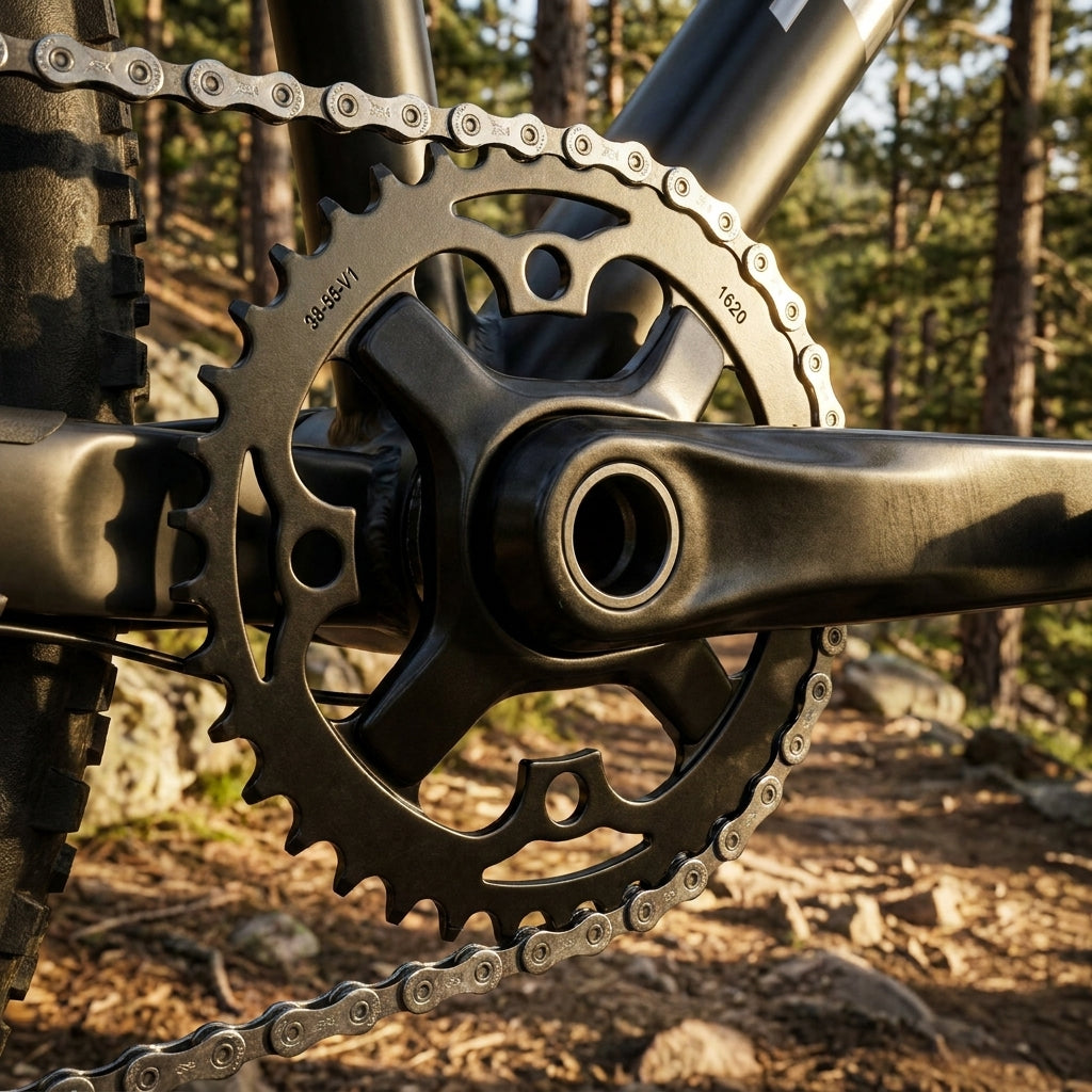 Nahaufnahme eines schwarzen Truvativ Kettenblatts mit 38 Zähnen am Mountainbike im Wald.