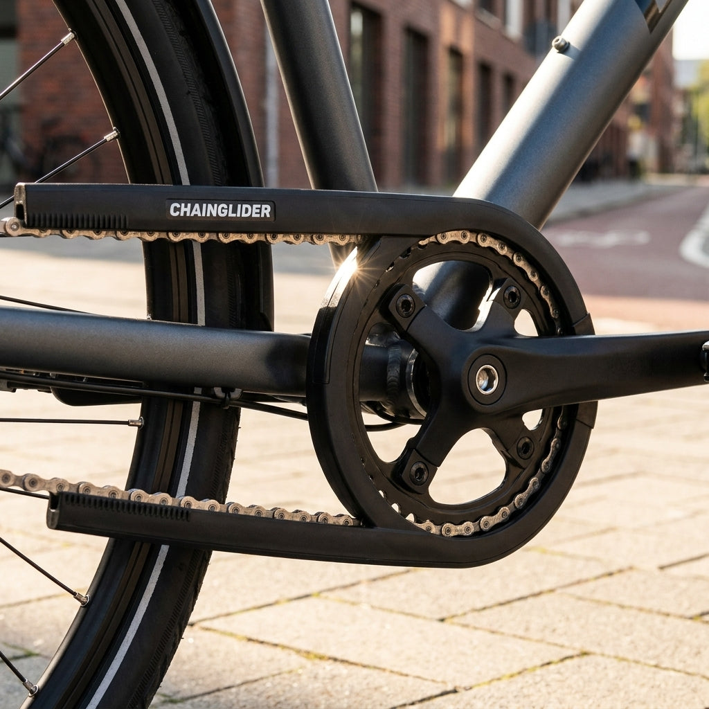 Hebie Chainglider Kettenschutz Vorderteil schwarz für 42 Zähne am Fahrrad, mit Kette und Kettenblatt.