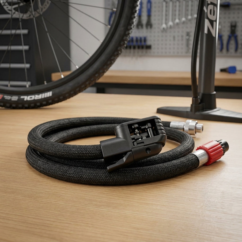 Zefal Fahrradpumpenschlauch mit Z-Switch Kopf auf Holztisch vor Fahrrad und Pumpe.
