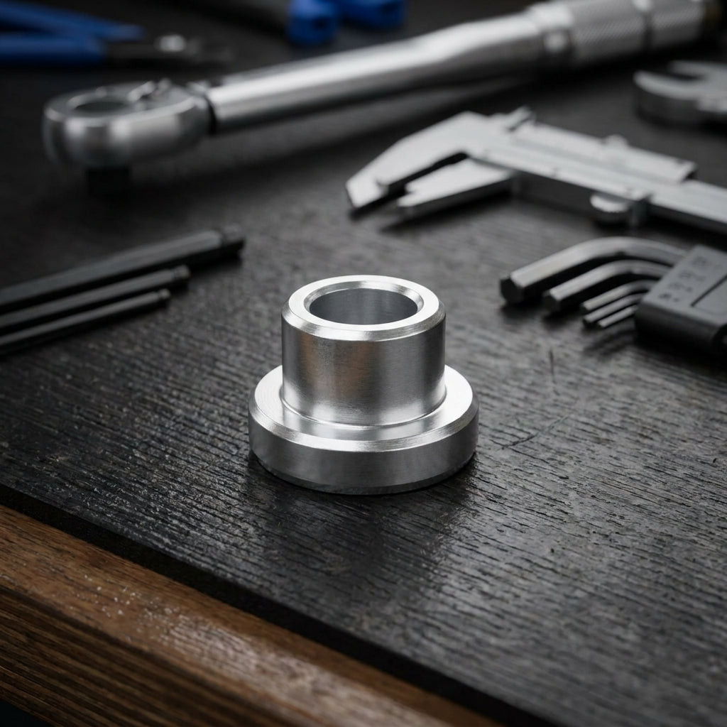 KindShock Alu Buchse Dämpferauge 12mm Bohrung, silber, auf Werkbank mit Werkzeug.