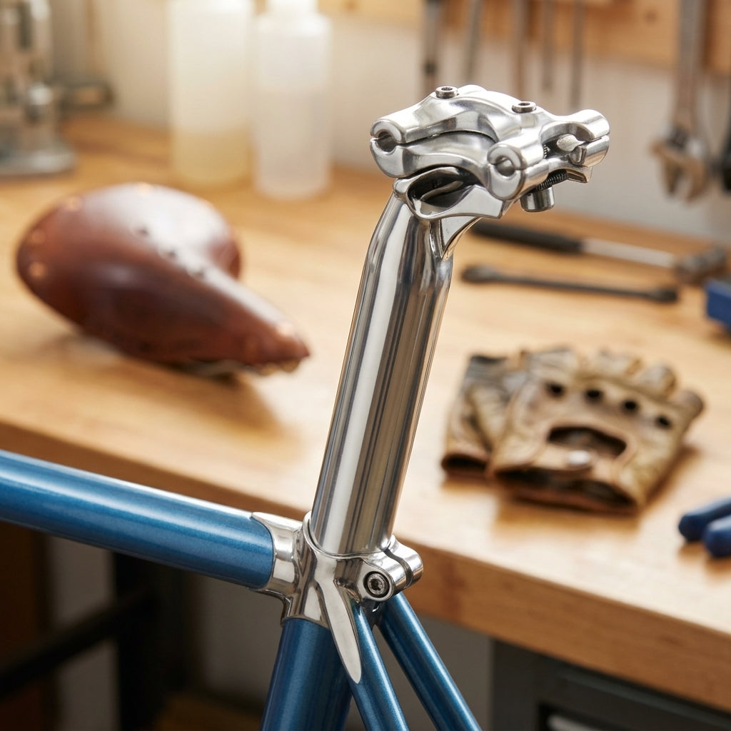 Ritchey Classic 2-Schrauben Sattelstütze in hochglanz silber am blauen Fahrradrahmen.