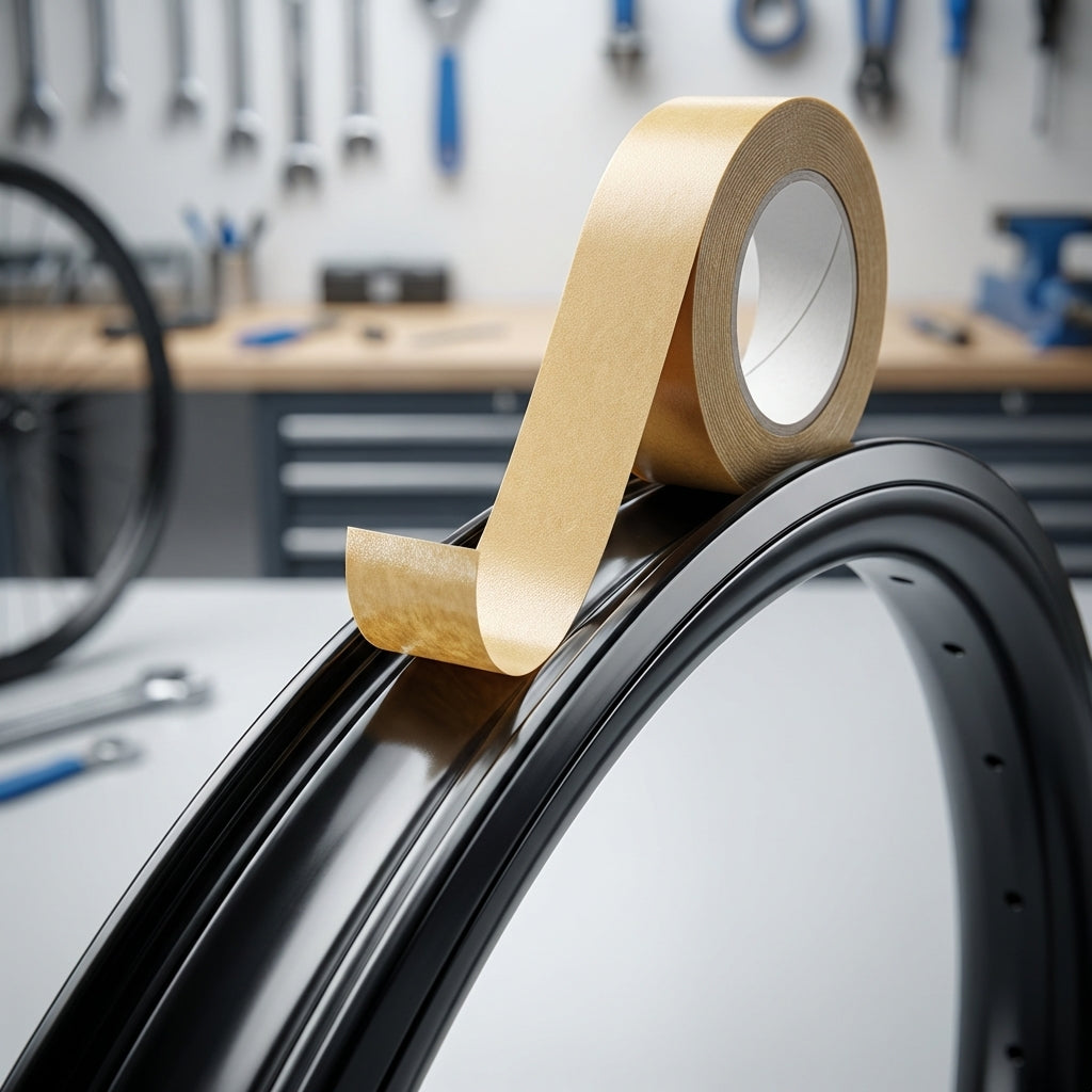 Velox Felgenklebeband Jantoplast Rolle wird zur Montage auf schwarze Fahrradfelge abgerollt.