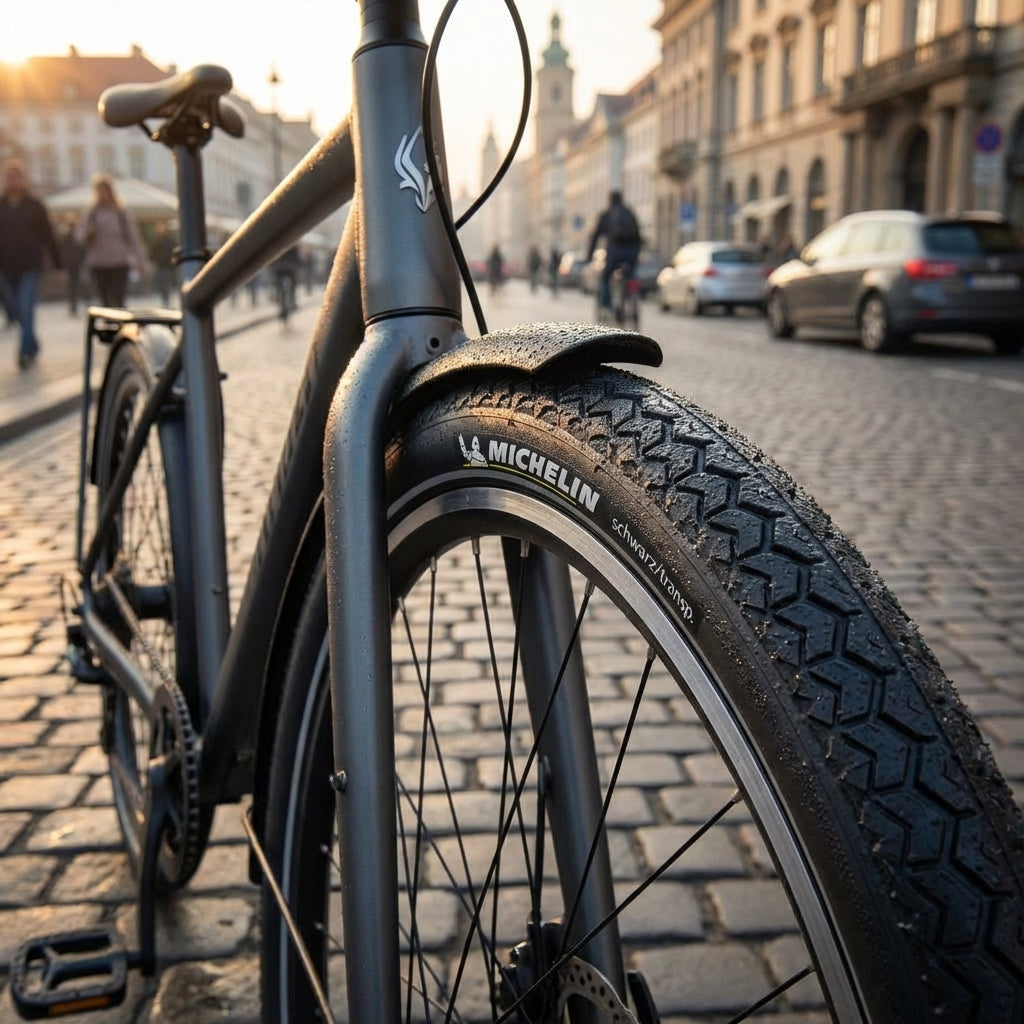 Michelin WorldTour Drahtreifen schwarz/transp. am Fahrrad auf nasser Kopfsteinpflasterstraße in der Stadt.