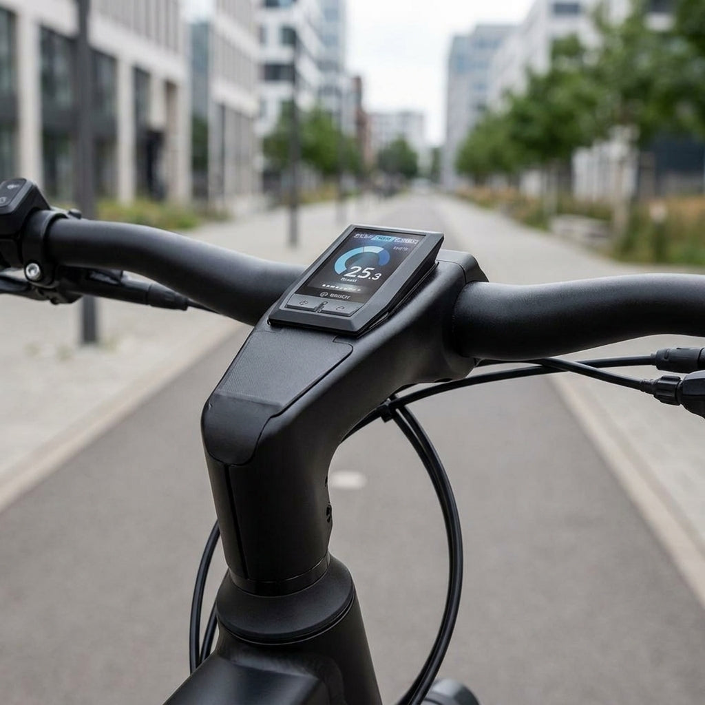 Ergotec Ahead Vorbau Integra-BK Kiox schwarz mit integriertem Bosch Kiox Display am Fahrradlenker.