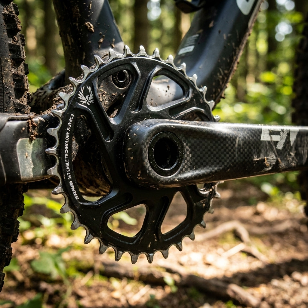 SRAM Eagle X-Sync 2 34T Kettenblatt auf Carbon Kurbel eines schlammigen Mountainbikes im Wald.