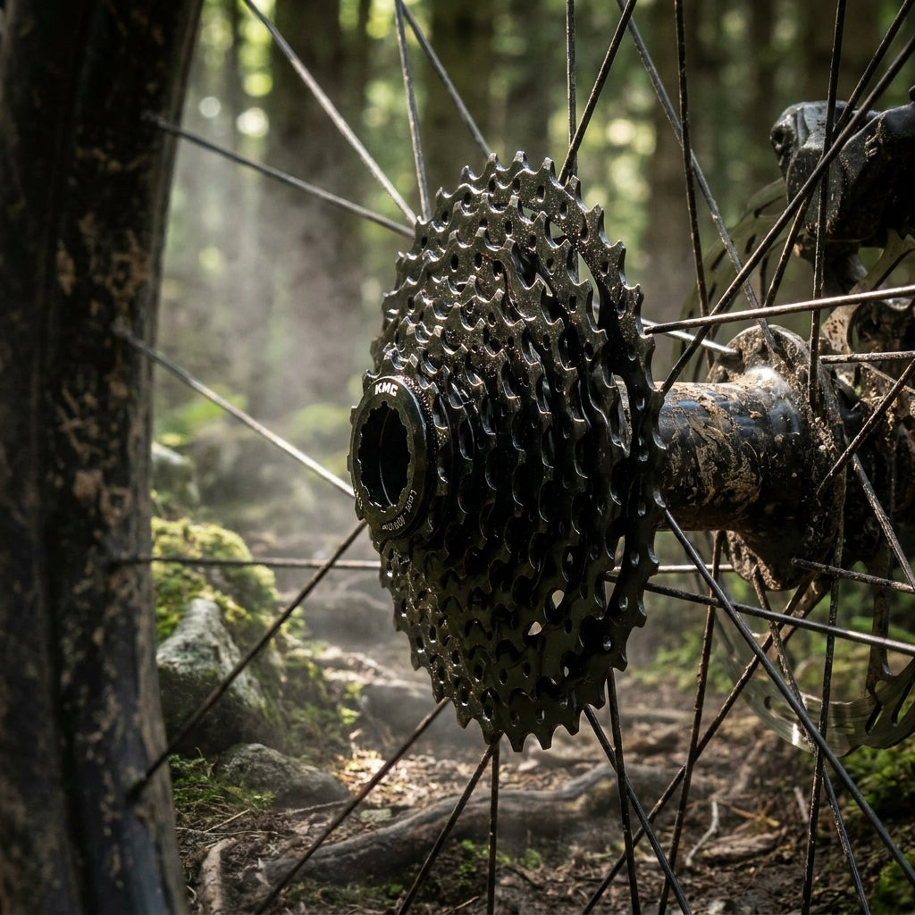 KMC REACT Kassette 10-fach 11-36Z schwarz, Shimano HG kompatibel, am schlammigen Mountainbike auf Waldweg.