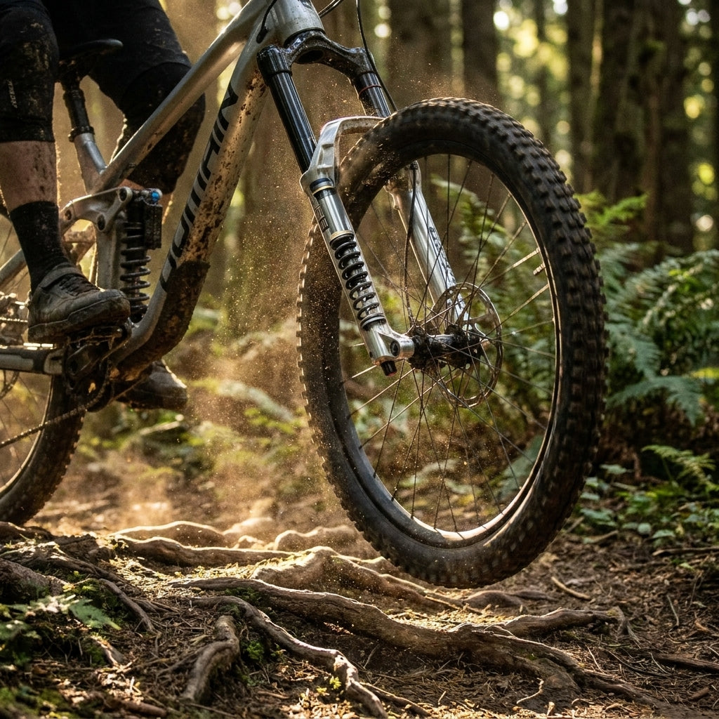 Dynamisches Bild: Mountainbike mit RockShox Domain 302 Feder weich über Wurzeln im Wald, Staub wirbelt.