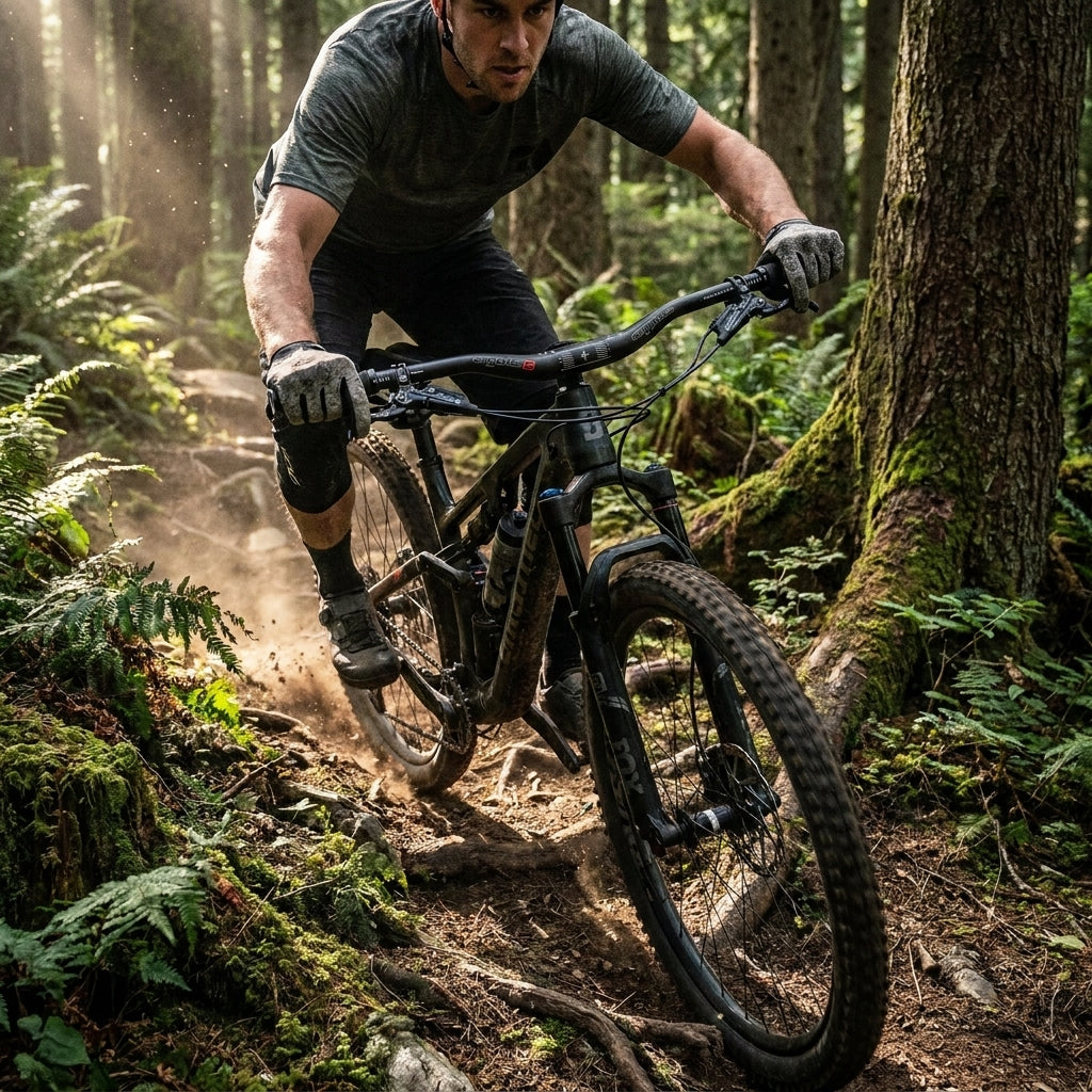 ergotec Riser Bar 50 MTB-Lenker schwarz am Mountainbike in dynamischer Fahrt auf bewachsenem Waldweg.