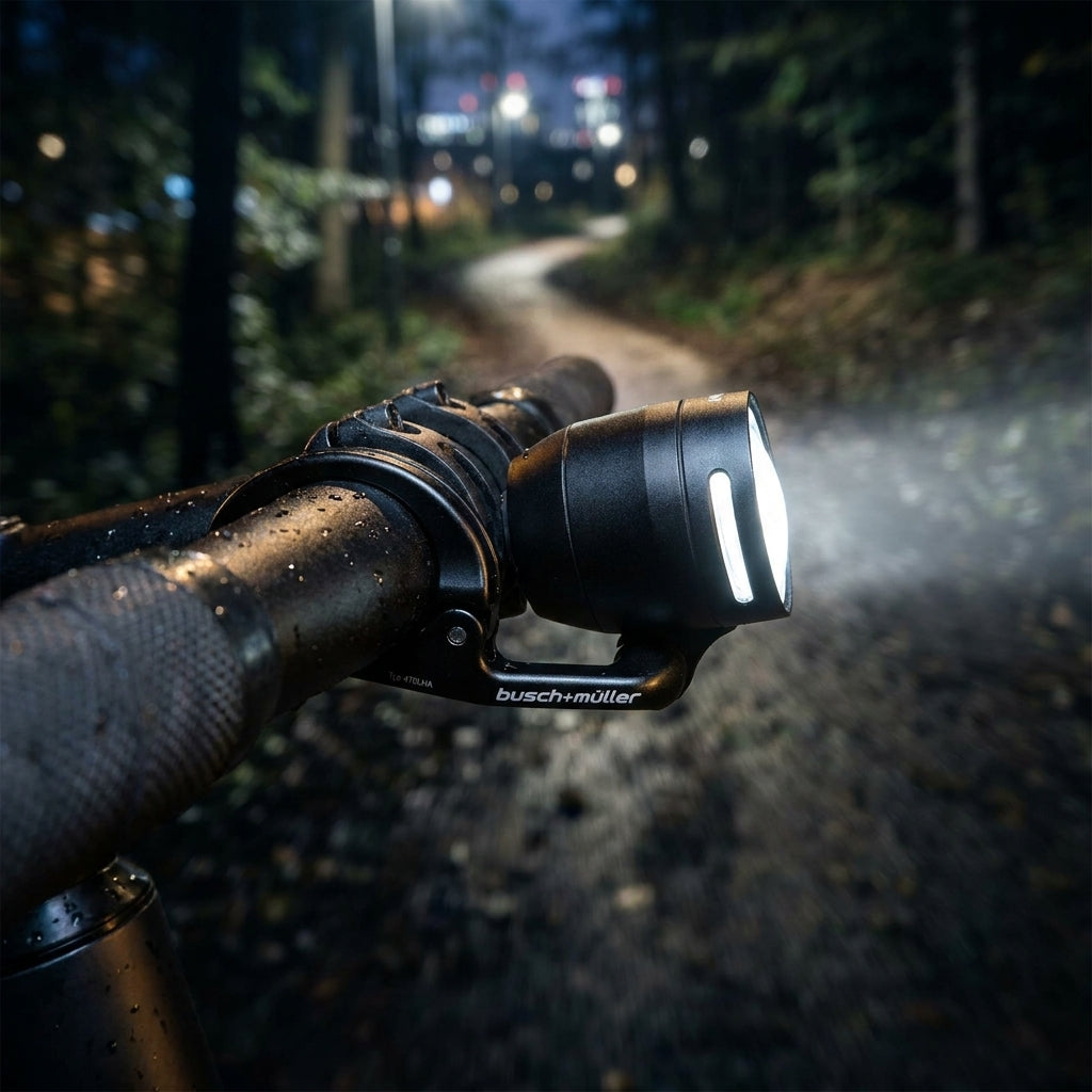 Busch+Müller Bumm Alu Halter für Fahrrad-Scheinwerfer am Lenker, beleuchtet dunklen Waldweg bei Nacht.