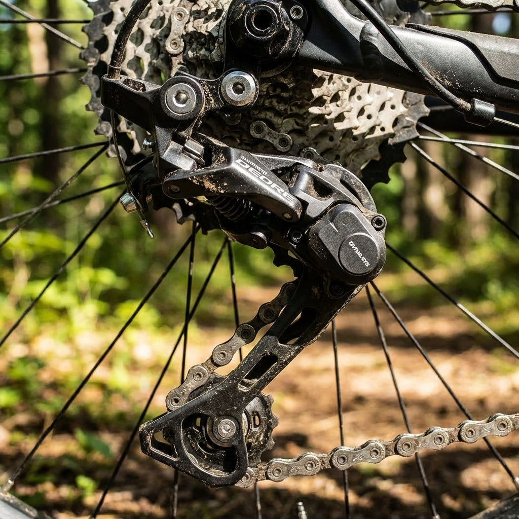 Schmutziges SHIMANO DEORE RD-M6000 10-fach Lang Direktmontage MTB Schaltwerk am Hinterrad.