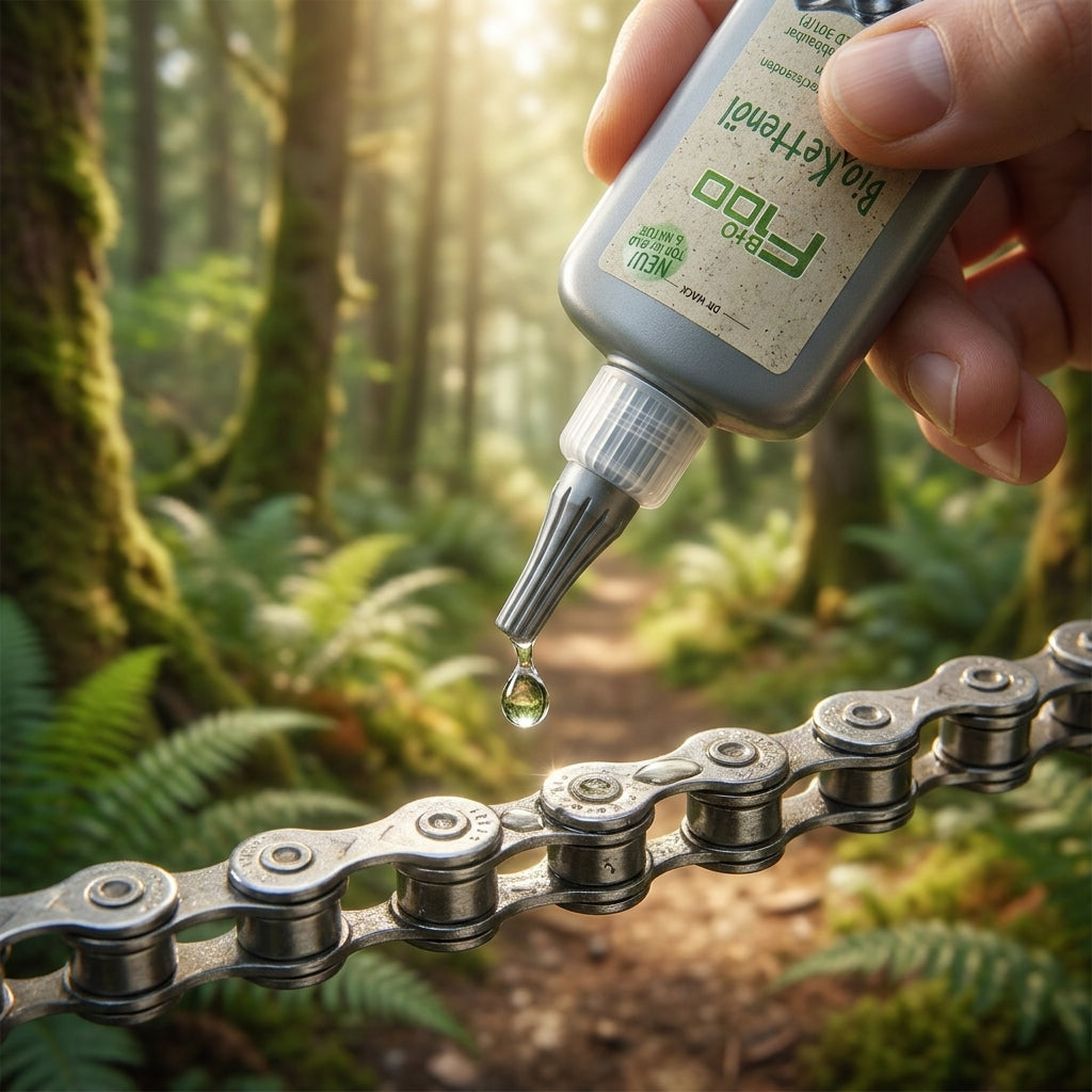 DR WACK F100 Bio Kettenöl tropft von Flasche auf Fahrradkette im Wald. Biologisch abbaubares Fahrrad-Pflegemittel.