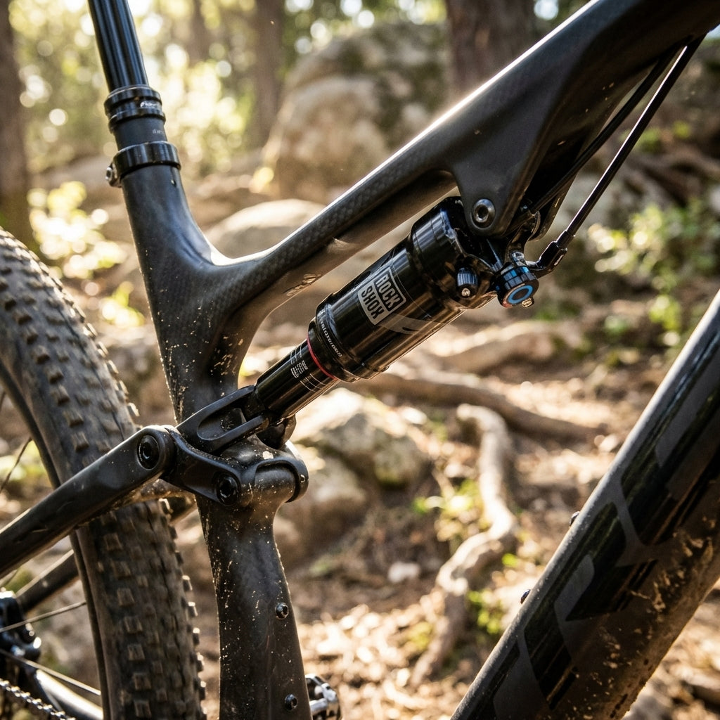 Rockshox SidLuxe HR-Dämpfer mit Remote-Steuerung an einem schmutzigen Carbon-Mountainbike.