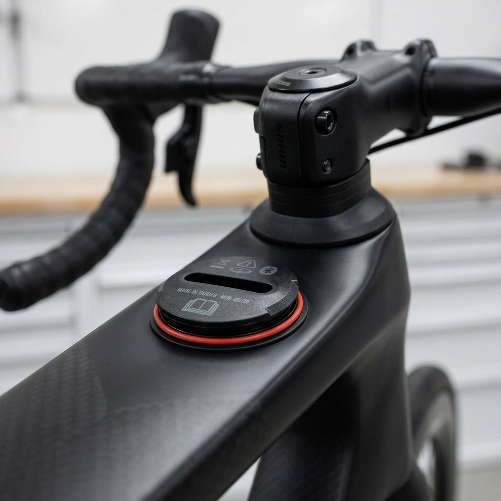 Sram Batterieabdeckung POD AXS elekt. Controller, Schlitz, inkl. O-Ring auf schwarzem Fahrrad-Oberrohr.