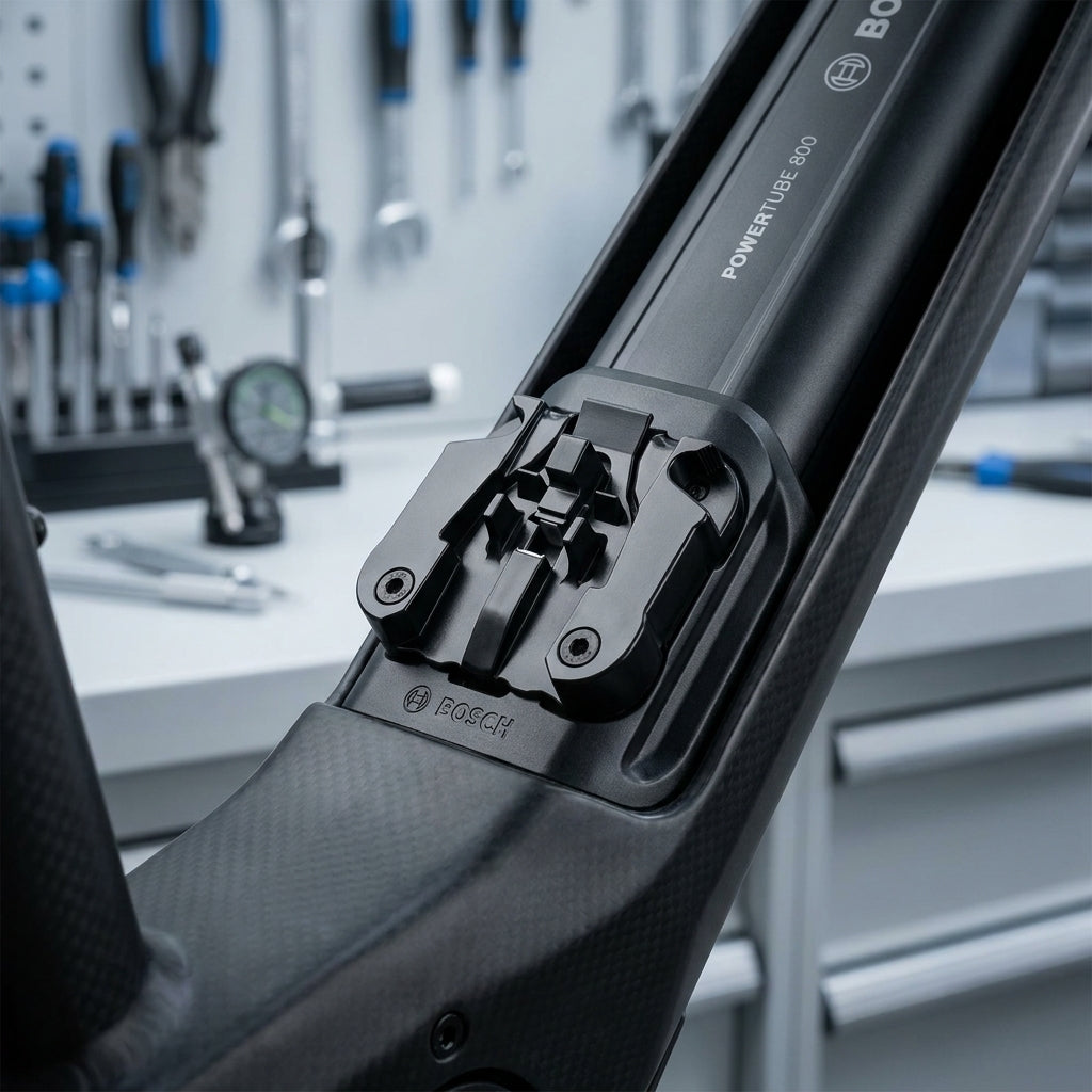 Bosch Anschraubplatten-Kit PowerTube 800 horizontal am E-Bike-Rahmen für sichere Akku-Befestigung.