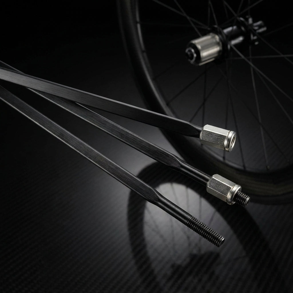 Drei schwarze SRAM S60 Speichen mit Nippeln und Gewinde liegen vor einem Fahrradlaufrad.