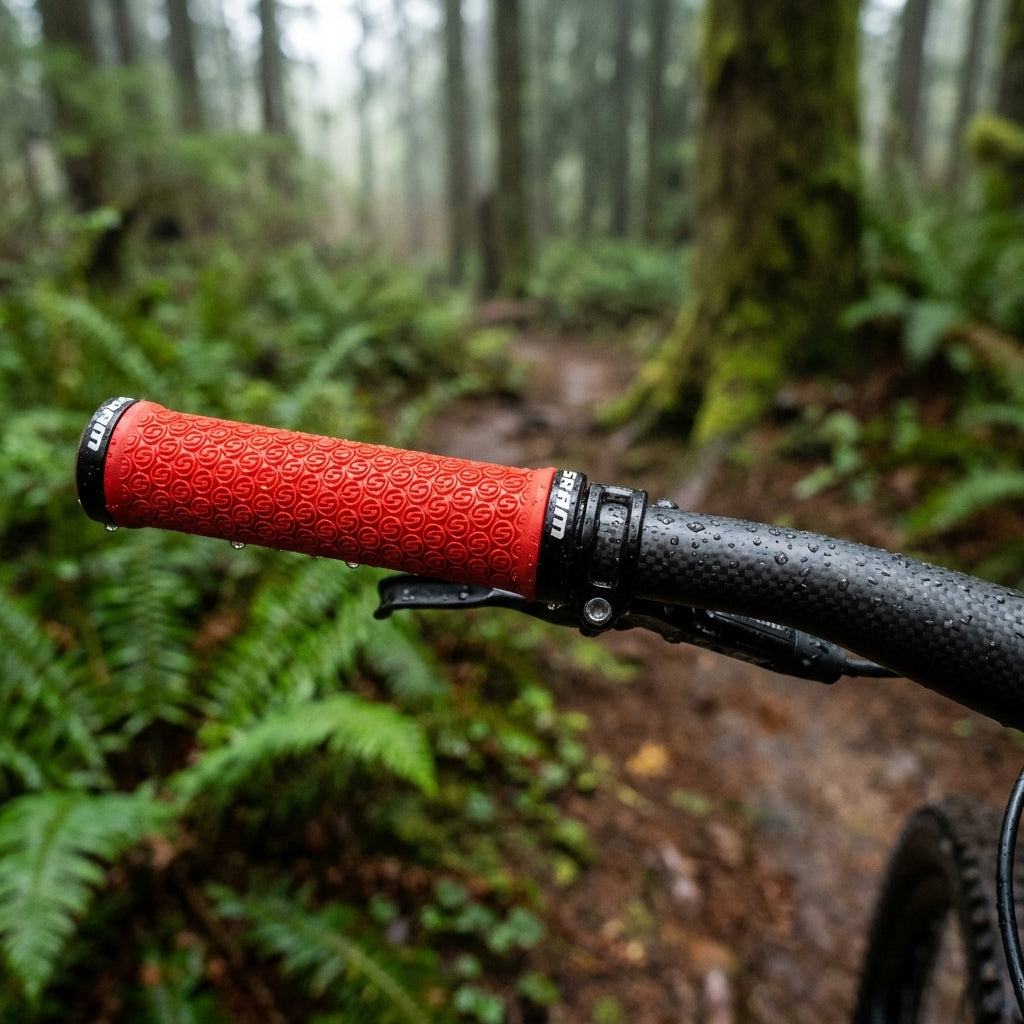 Rote SRAM MTB Lock-On Griffe am Mountainbike Lenker auf nassem Waldweg.
