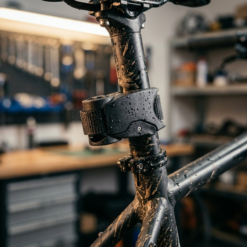 SKS X-Tra-Dry Befestigungsknoten am schmutzigen Fahrrad-Sattelrohr. Ersatzteil für stabile Schutzblech-Montage.