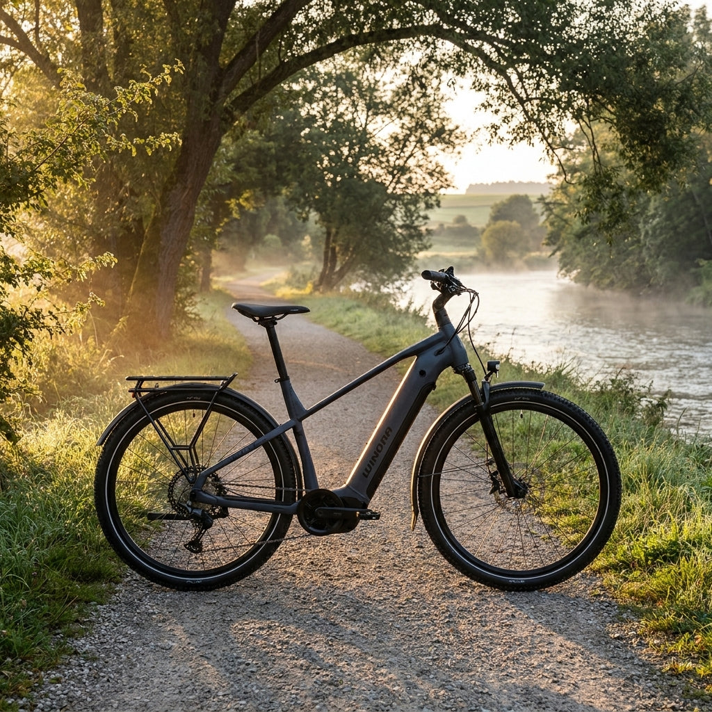 Winora YUCATAN X10 E-Bike "plush pigeon" auf einem Naturweg am Fluss im Morgenlicht.