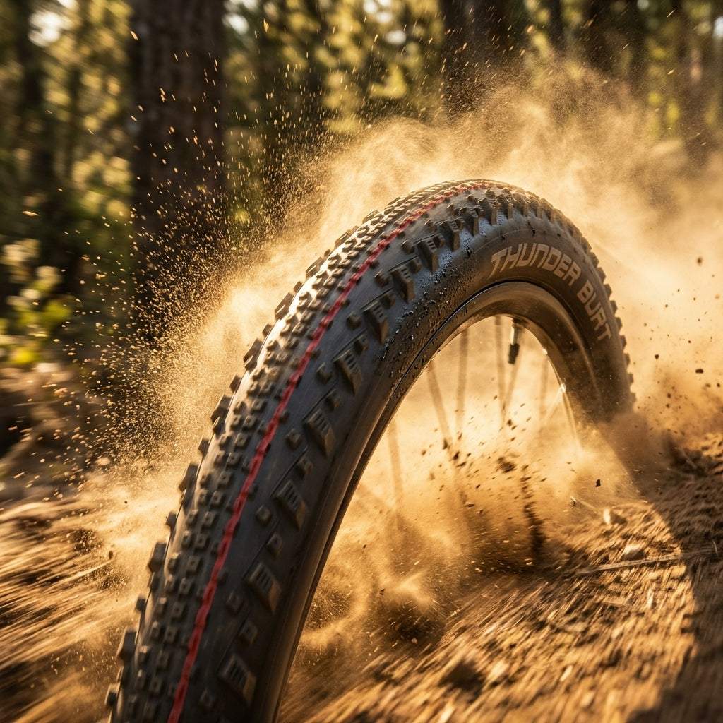 Schwalbe Thunder Burt 29x2.25" MTB Reifen, schwarz TLE faltbar, wirbelt Staub auf dem Trail auf.