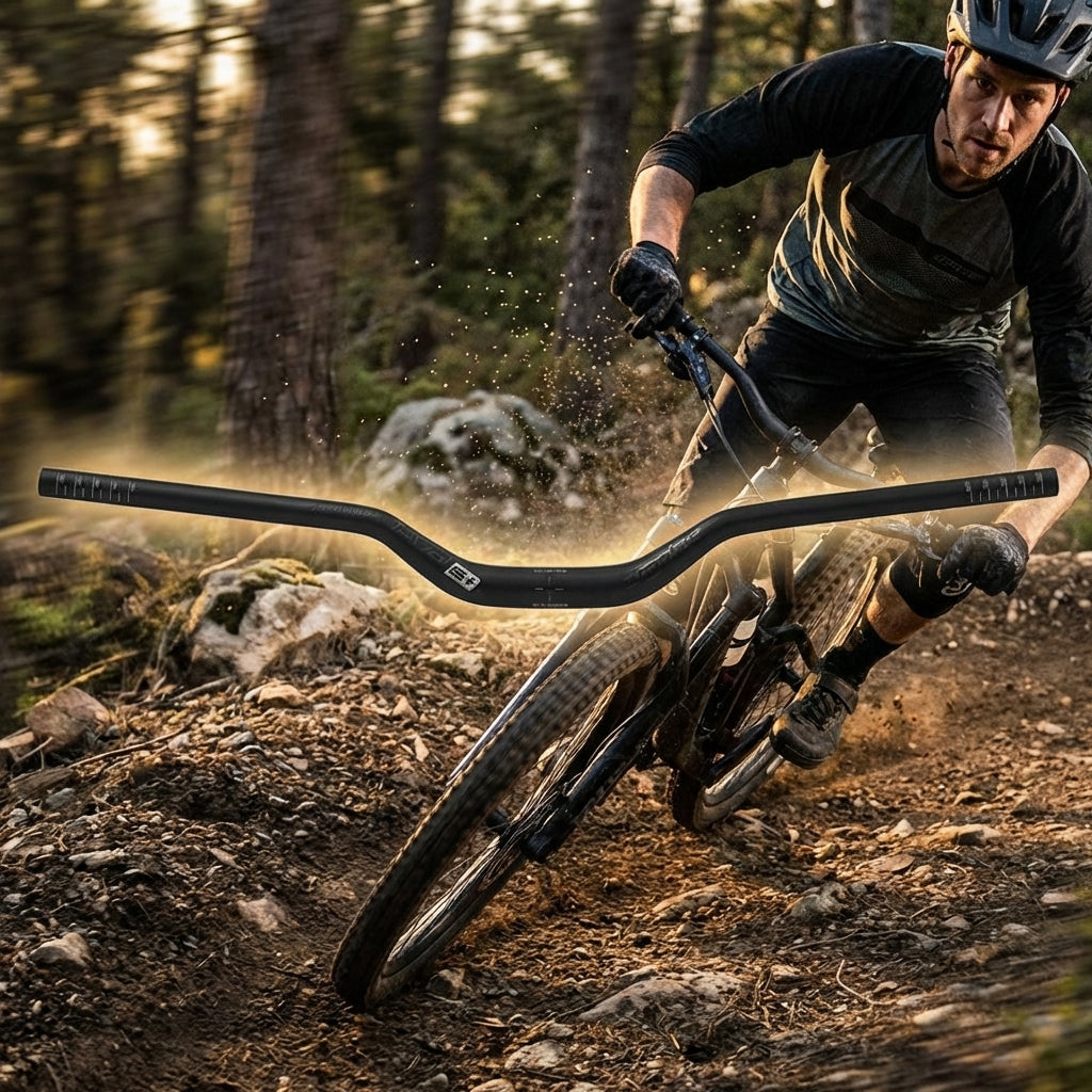 Ergotec Riser Bar 50 i Alu Lenker, 780mm breit, schwarz sandgestrahlt, am Mountainbike auf rauen Trail.